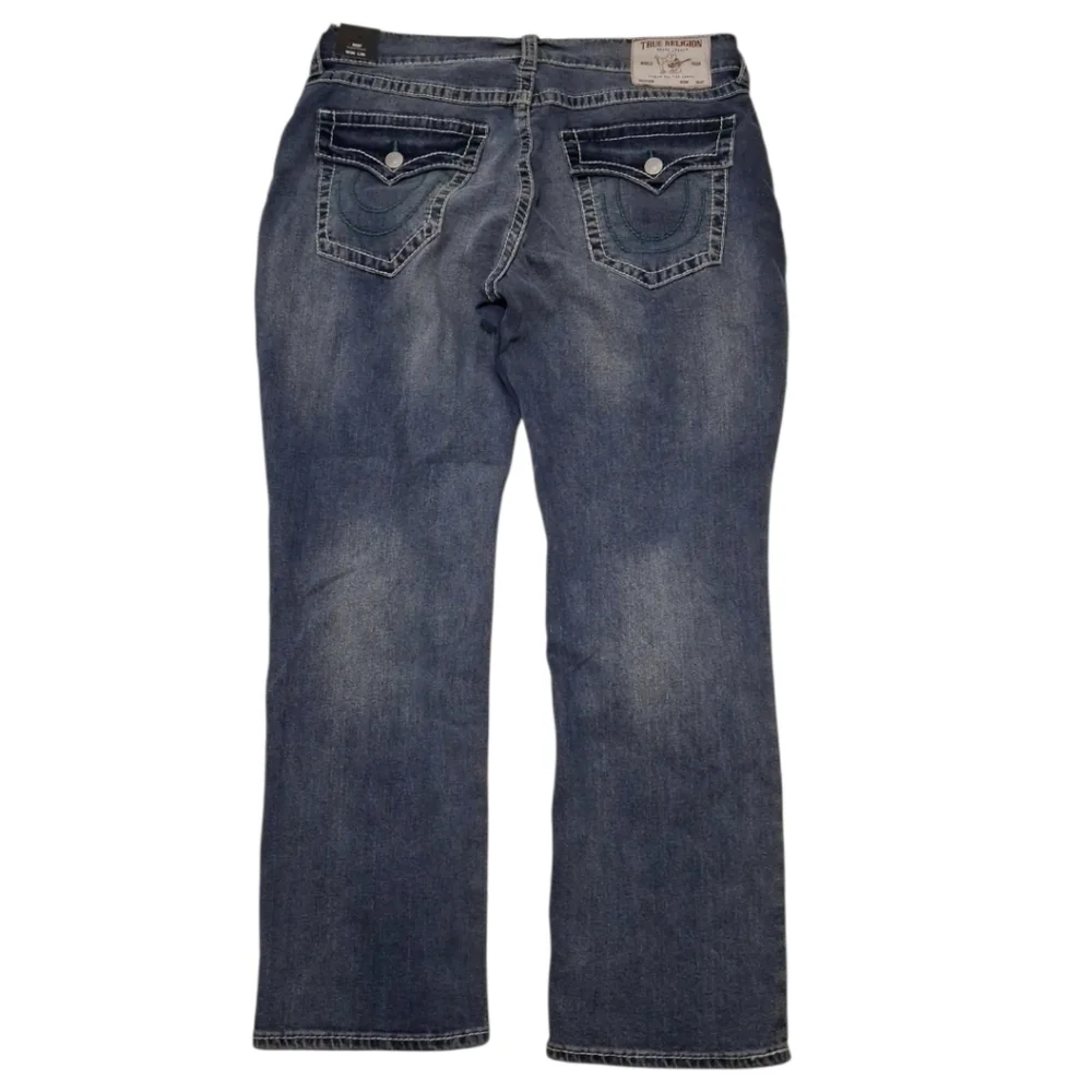 NEW True Religion Ricky Flap Mens 36x30 Relaxed Blue Denim Jeans Green Stitch